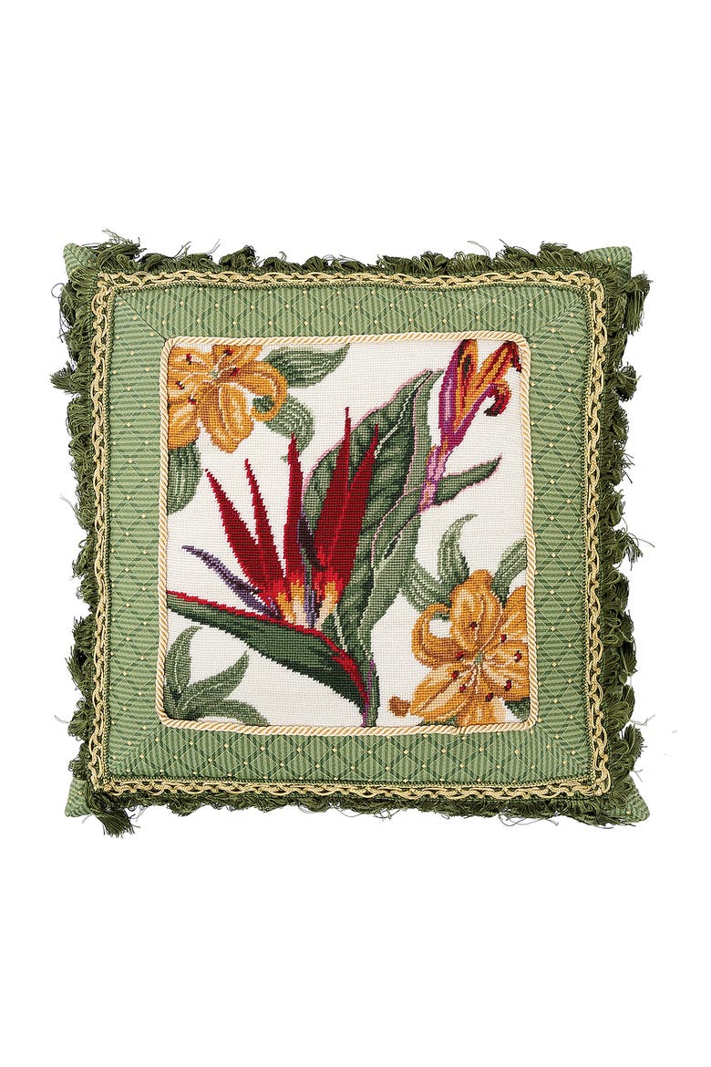 Tropical Floral Needlepoint Throw Pillow, 16" x 16", Main, color, Green