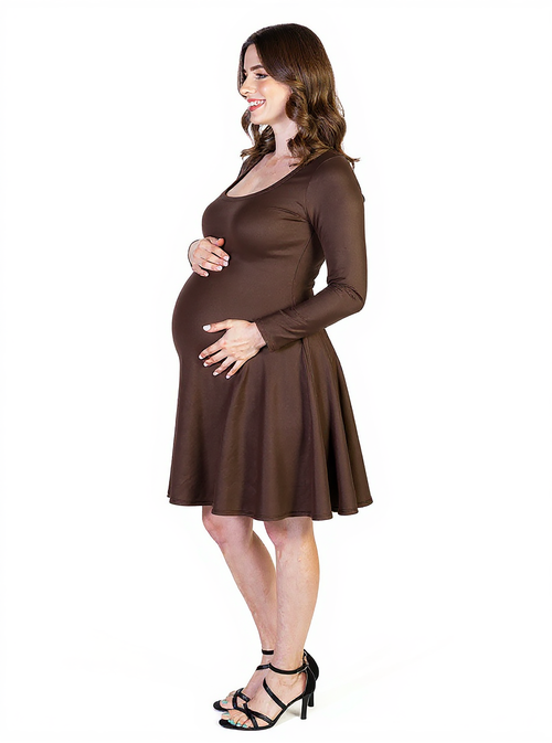 24seven Comfort Apparel Long Sleeve Flared Maternity Mini Dress In Brown