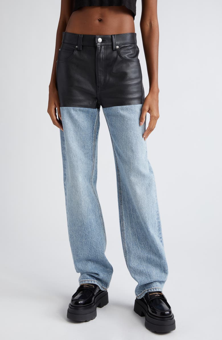 Alexander Wang Leather & Denim Five-Pocket Straight Leg Pants, Main, color, 