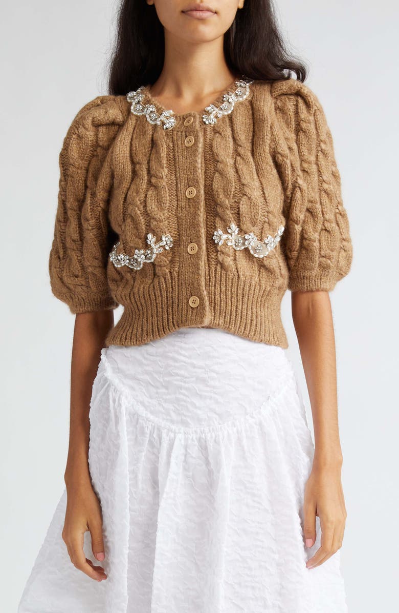 Simone Rocha Rhinestone & Imitation Pearl Detail Alpaca Blend Sweater, Main, color, Camel/ Pearl/ Clear