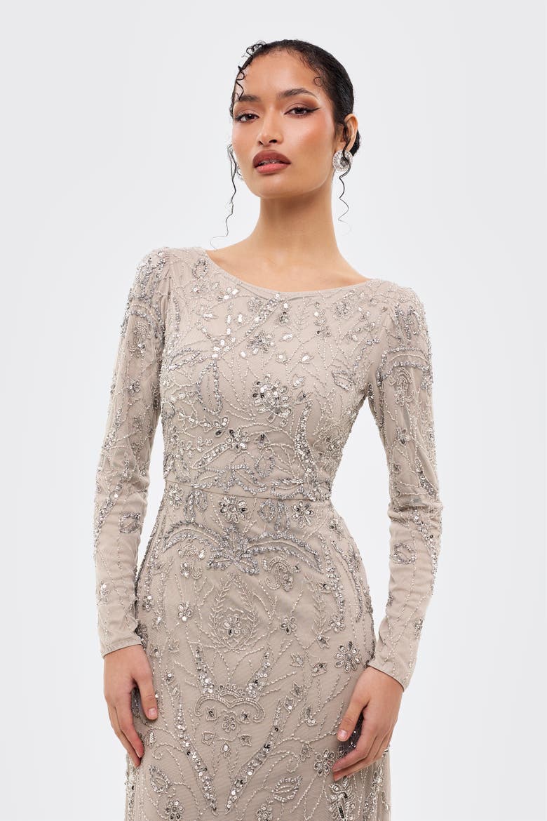 Modest Floral Embellished Sequins Maxi Dress, Alternate, color, GREY