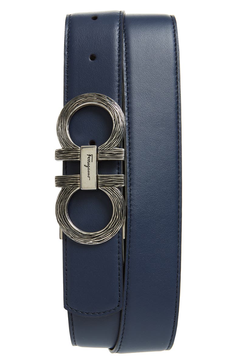 FERRAGAMO Salvatore Ferragamo Etched Double Gancio Reversible Leather Belt, Main, color, Blue Marine/ Black