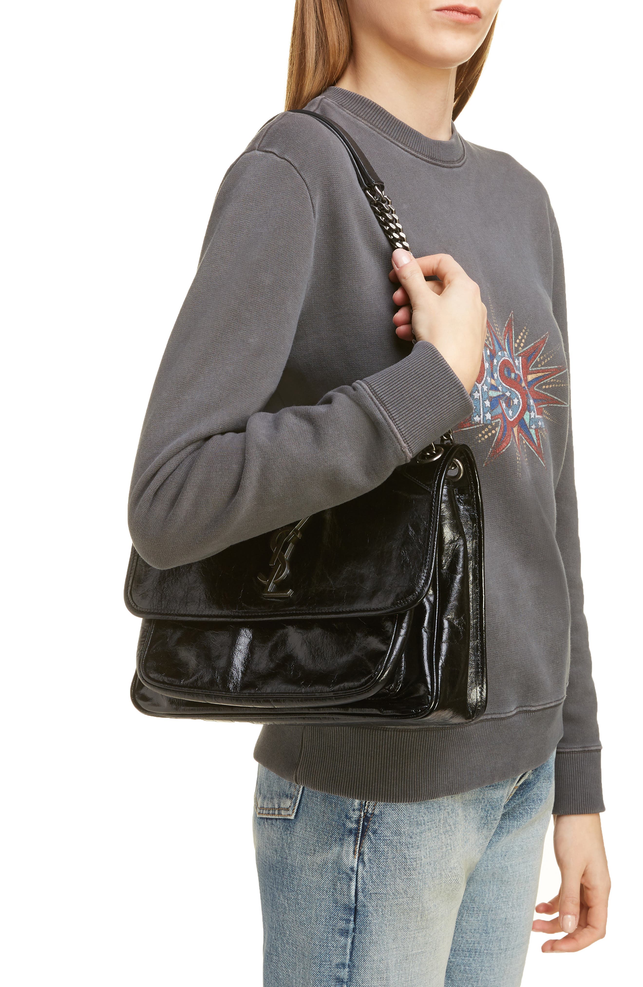 Medium Niki Smooth Leather Shoulder Bag, Alternate, color, NOIR
