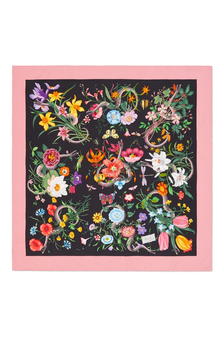Flora Snake Print Silk Twill Scarf, Main, color, BLACK/ PINK