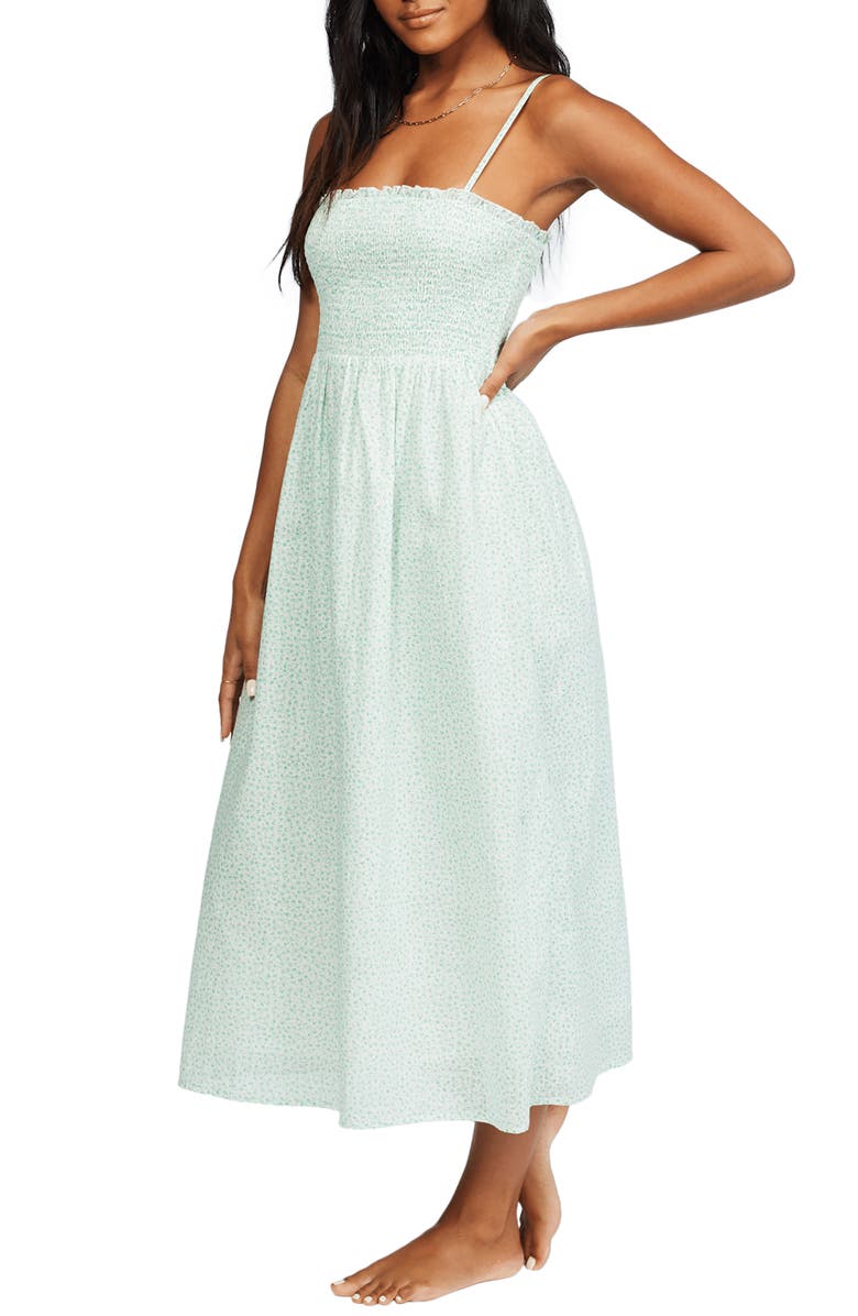 Billabong Baha Smocked Floral Midi Sundress, Alternate, color, Salt Crystal