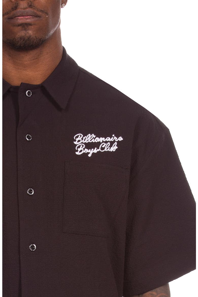 BB Script Embroidered Cotton Seersucker Camp Shirt, Alternate, color, BLACK