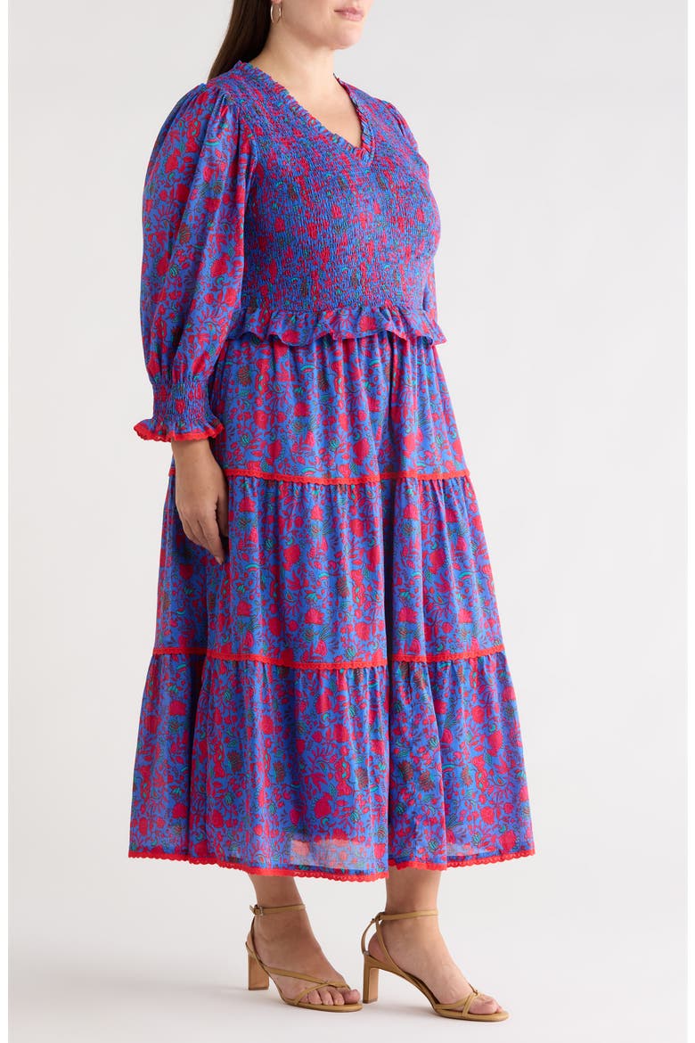 Tanya Floral Print Smocked Maxi Dress, Alternate, color, BLUE-FUCHSIA