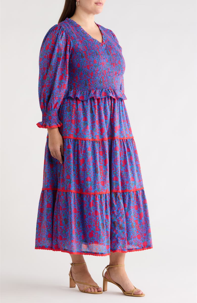 SUGARLIPS Tanya Floral Print Smocked Maxi Dress, Alternate, color, Blue-Fuchsia