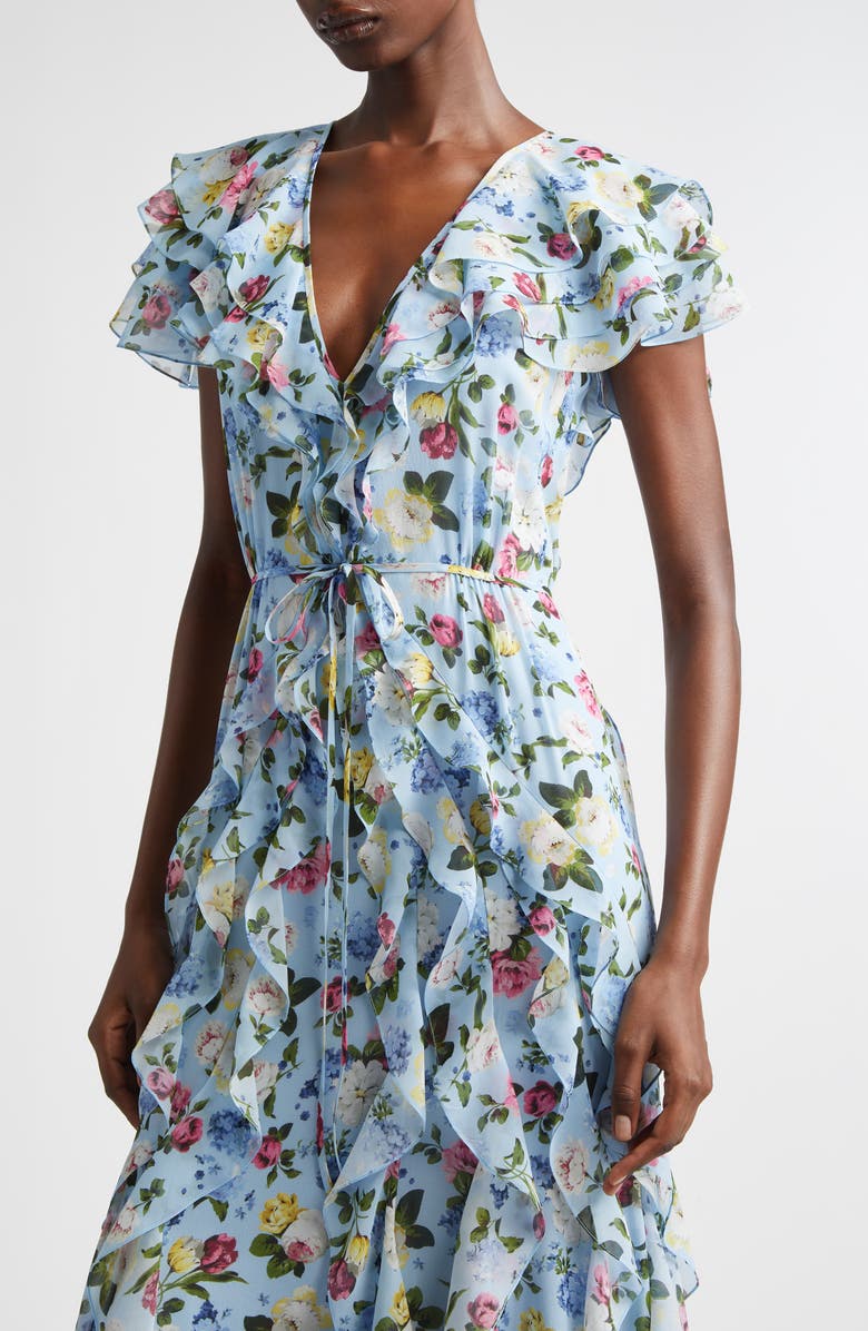 Carolina Herrera Floral Ruffle Silk Chiffon Gown, Alternate, color, Cloudy Blue Multi