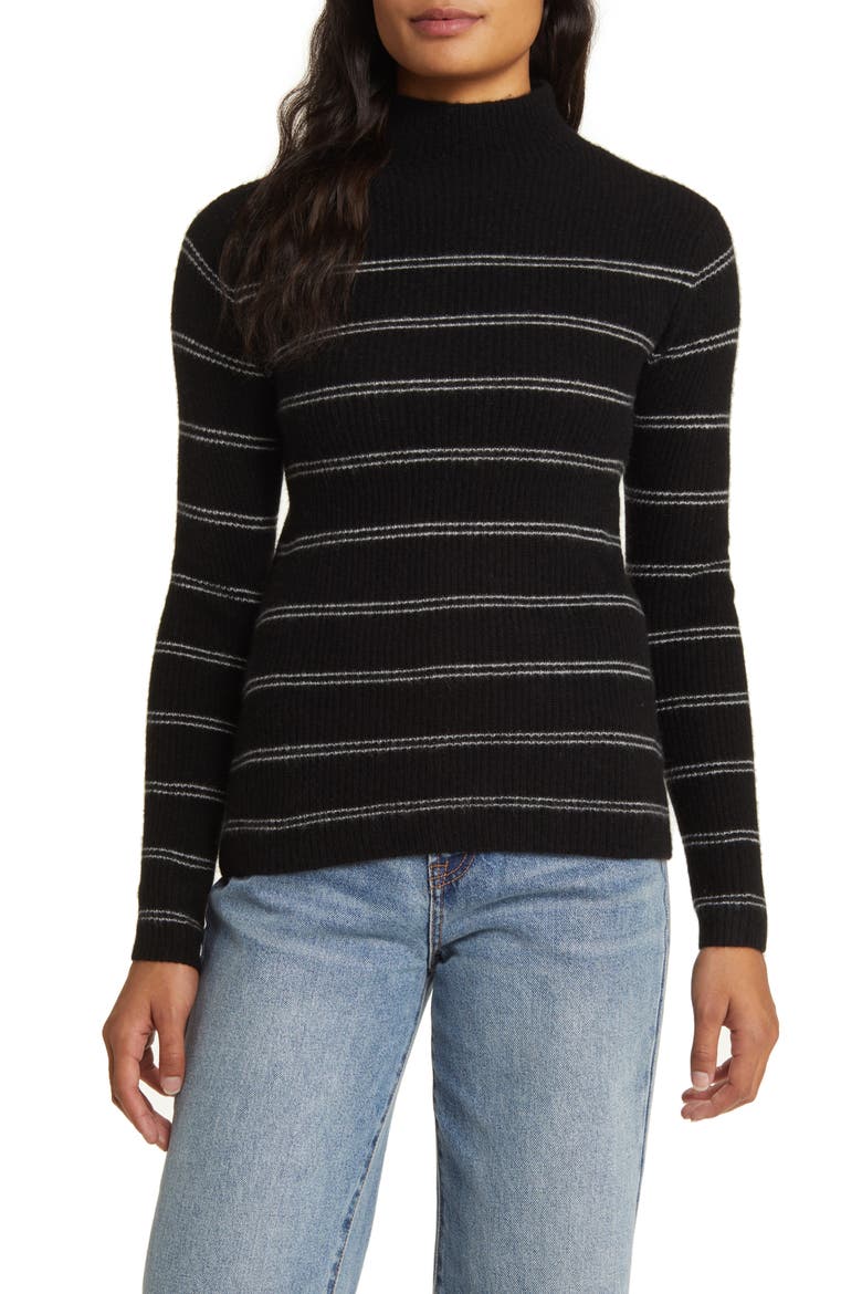 Rib Stripe Mock Neck Cashmere Sweater, Main, color, BLACK/ FROST WHITE