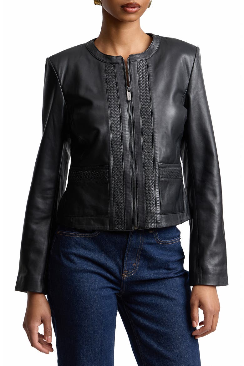 Basketweave Detail Leather Jacket, Main, color, BLACK