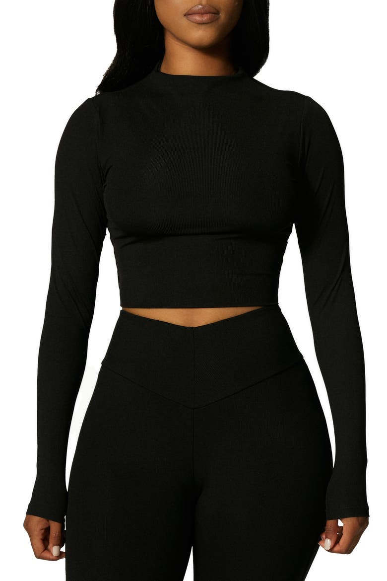 Ribbed Long Sleeve Crop Top, Main, color, BLACK