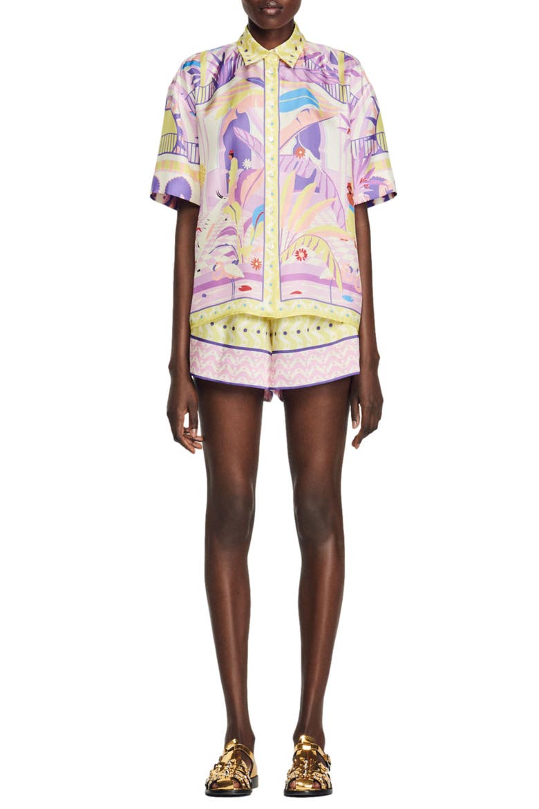 Caroline Silk Button-Up Shirt, Alternate, color, YELLOW / PURPLE