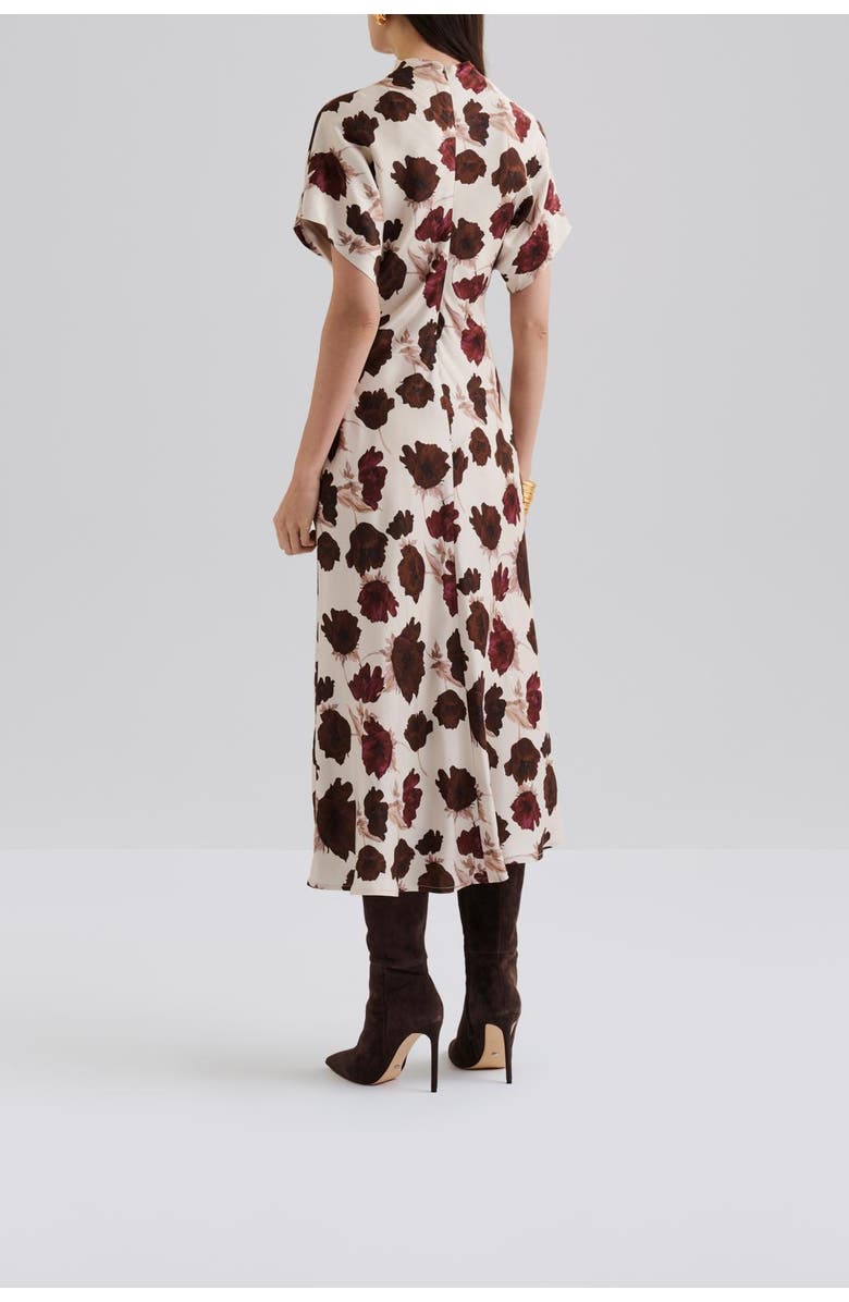 Malina Alivia Short Sleeve Satin Midi Dress, Alternate, color, Wine Peony