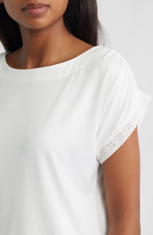 Bobeau Embroidered Eyelet Trim Short Sleeve Top In White
