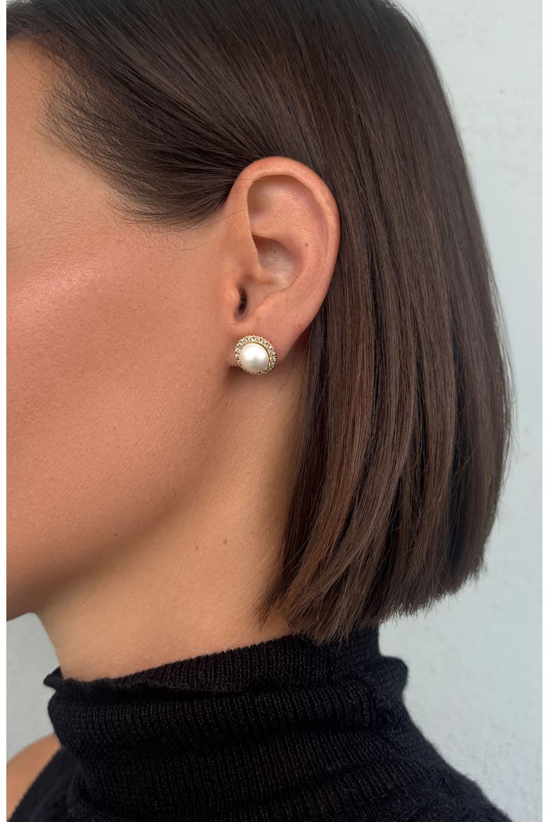 14k Gold Plated Faux Pearl Halo Stud Earrings, Alternate, color, WHITE/ GOLD