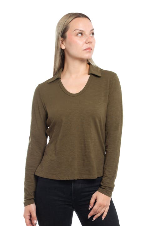 Scoop Neck Long Sleeve Polo Tee with Round Hem