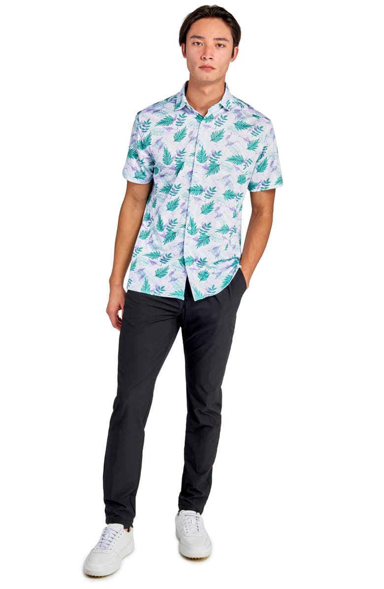 CONSTRUCT Regular Fit Cheetah Leaf Print Recycled Performance Golf Button-Down Shirt, Alternate, color, White