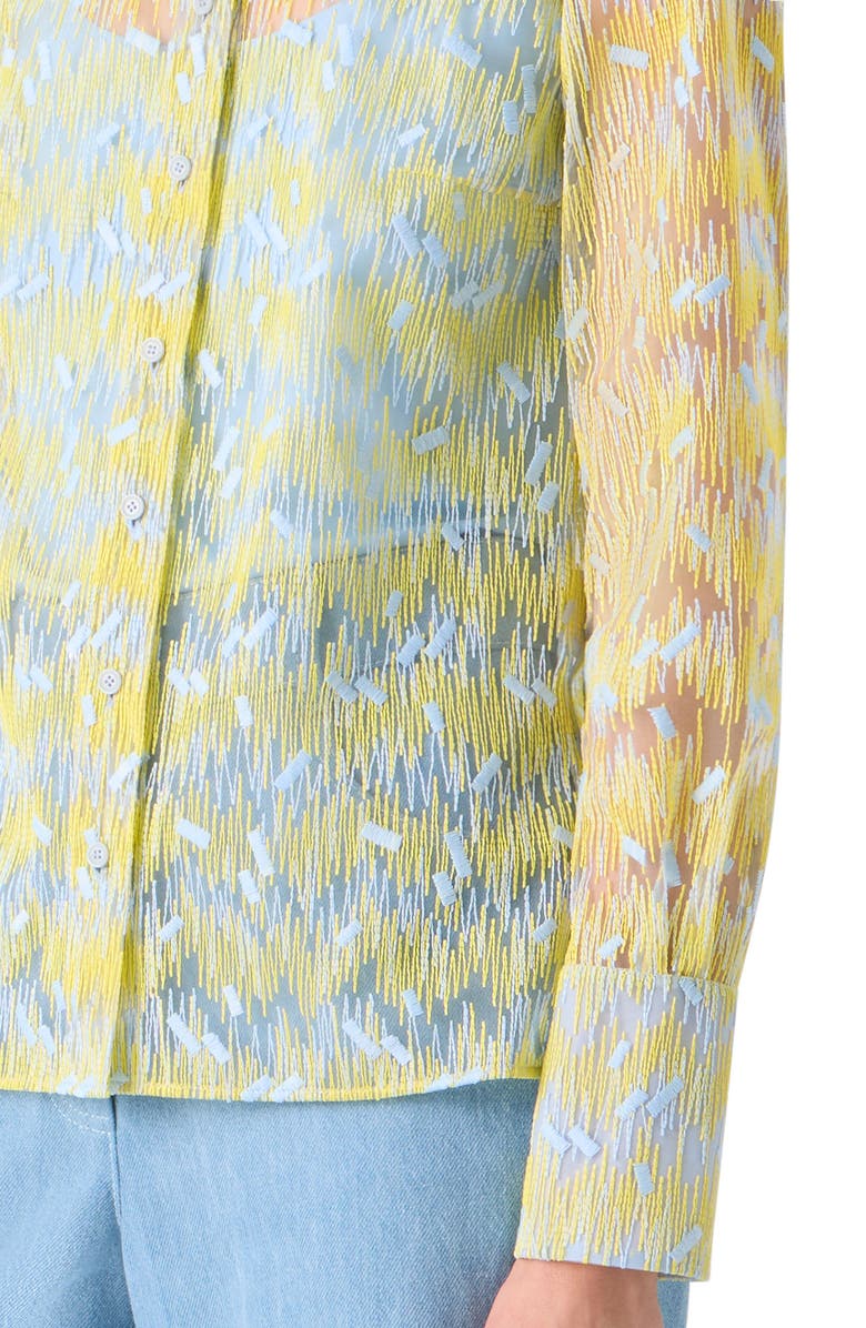 Akris punto Scribble Embroidered Sheer Tulle Button-Up Shirt, Alternate, color, Lemon Zing-Sky Blue