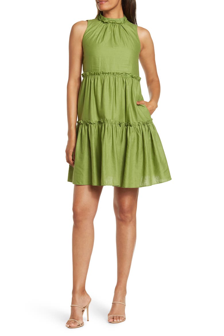 High Neck Sleeveless Ruffle Dress, Main, color, GREEN
