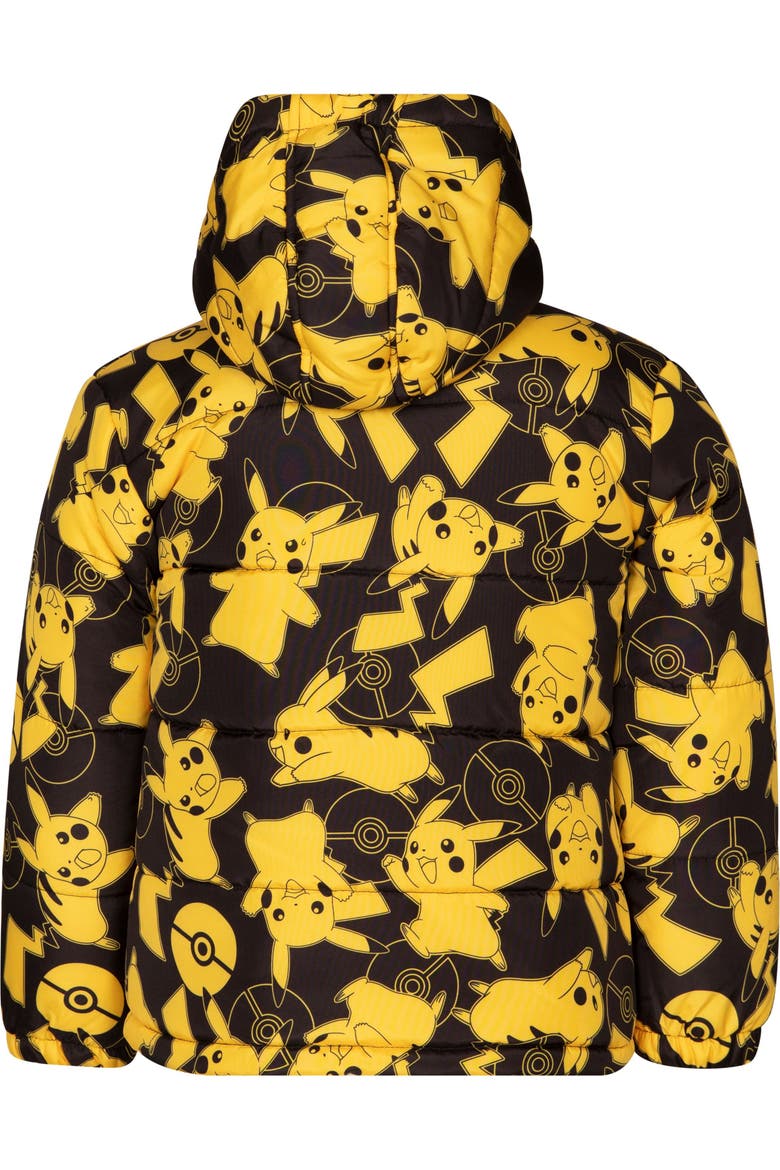 Pikachu Hooded Puffer Coat, Alternate, color, Black Pikachu Print