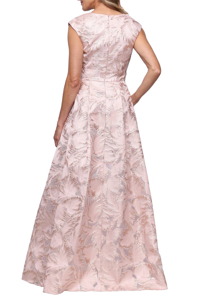Leaf Print Metallic Jacquard Gown, Alternate, color, ROSE GOLD