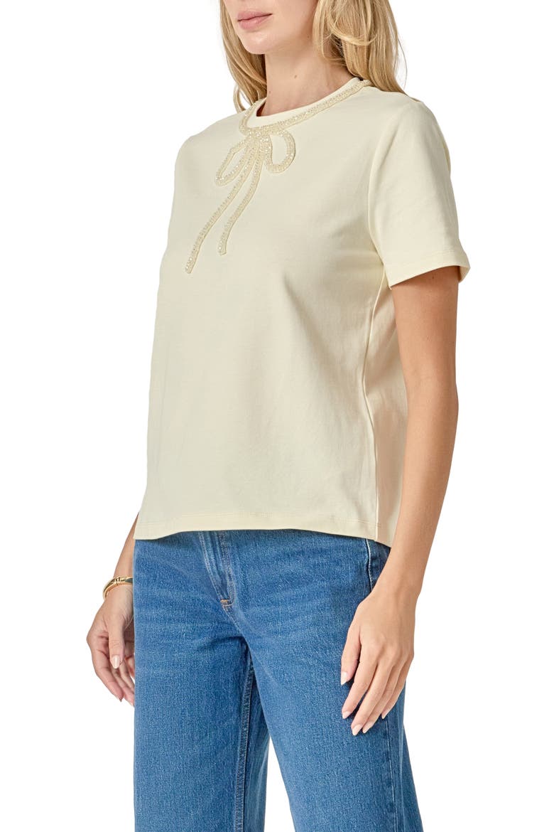 Beaded Bow Cotton T-Shirt, Alternate, color, CREAM