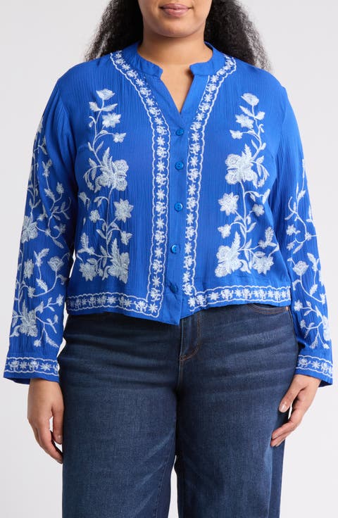 Floral Embroidered Long Sleeve Button-Up Top (Plus)