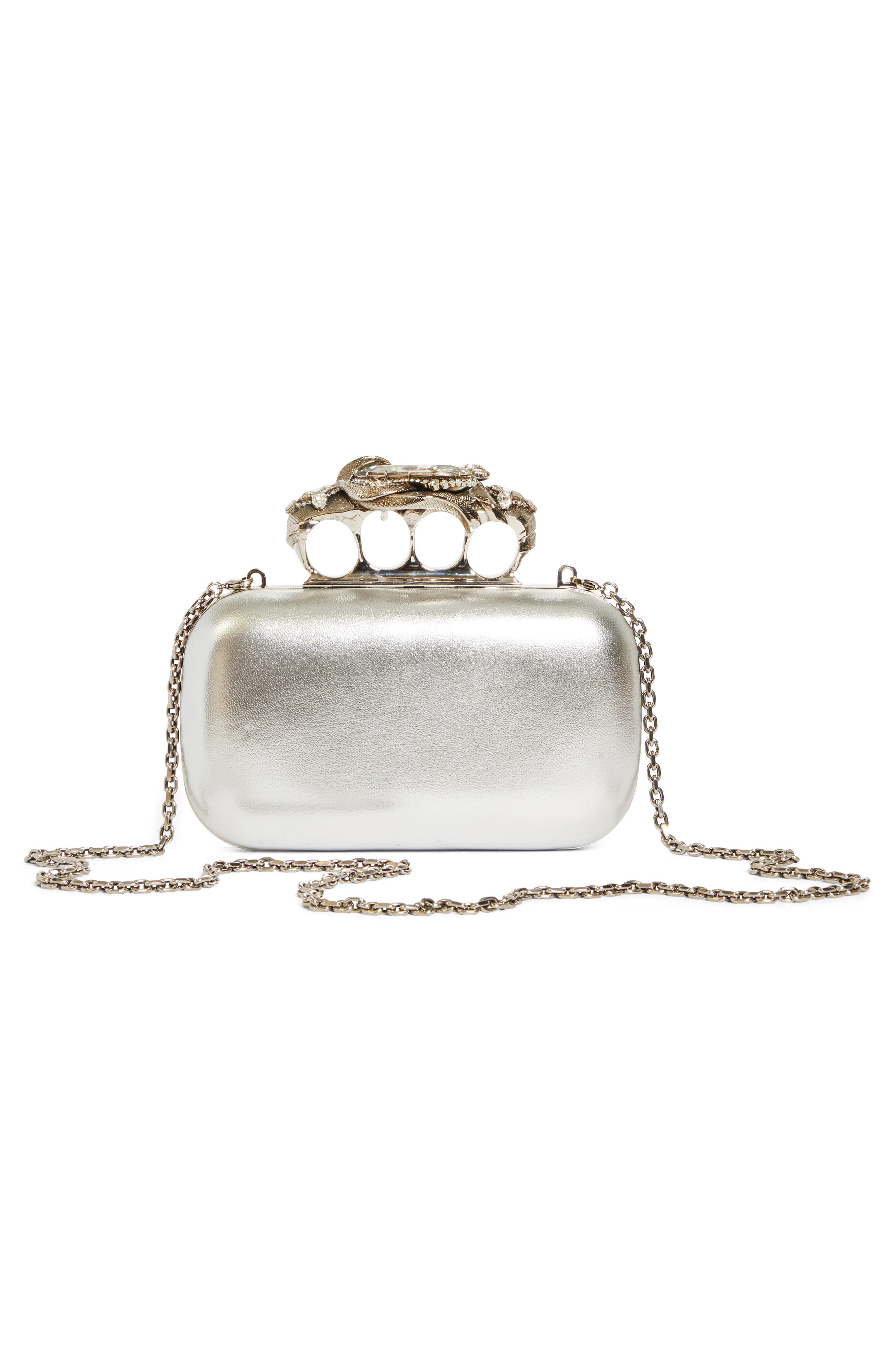 McQueen Metallic Leather Four-Ring Box Clutch, Alternate, color, 