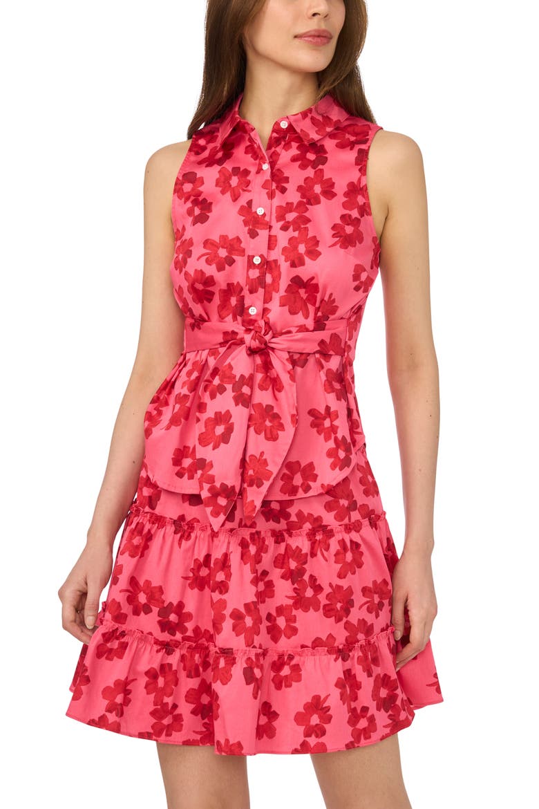 Floral Tie Waist Sleeveless Stretch Cotton Button-Up Shirt, Alternate, color, CLASSIC CHERRY