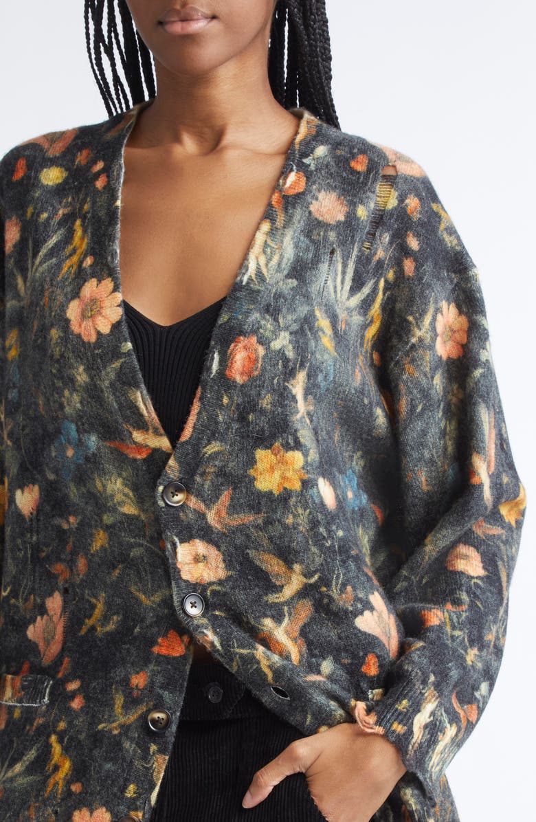 R13 Oversize Floral Merino Wool Boyfriend Cardigan, Alternate, color, Floral With Angels Black
