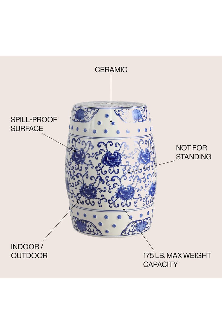 Lotus Flower Traditional Floral Chinoiserie Ceramic Drum Garden Stool, Pierced Indoor/Outdoor Patio Seat & Side Table, Alternate, color, Blue/White