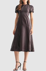 Mila Mae Puff Sleeve Faux Leather A-Line Midi Dress