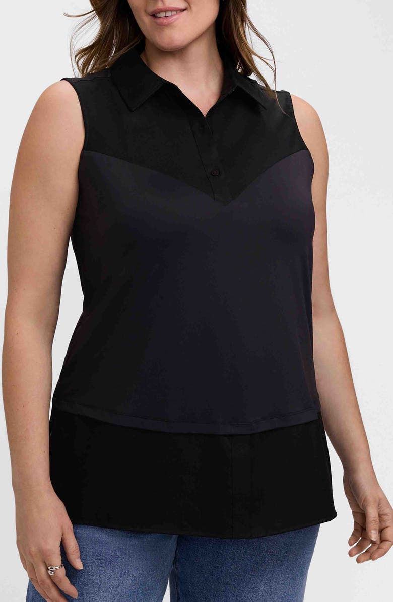 Foxcroft Sasha Mixed Media Sleeveless Button-Up Shirt, Main, color, Black
