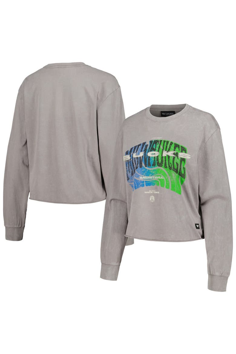 Women's The Wild Collective  Gray Milwaukee Bucks Band Cropped Long Sleeve T-Shirt, Main, color, Gray
