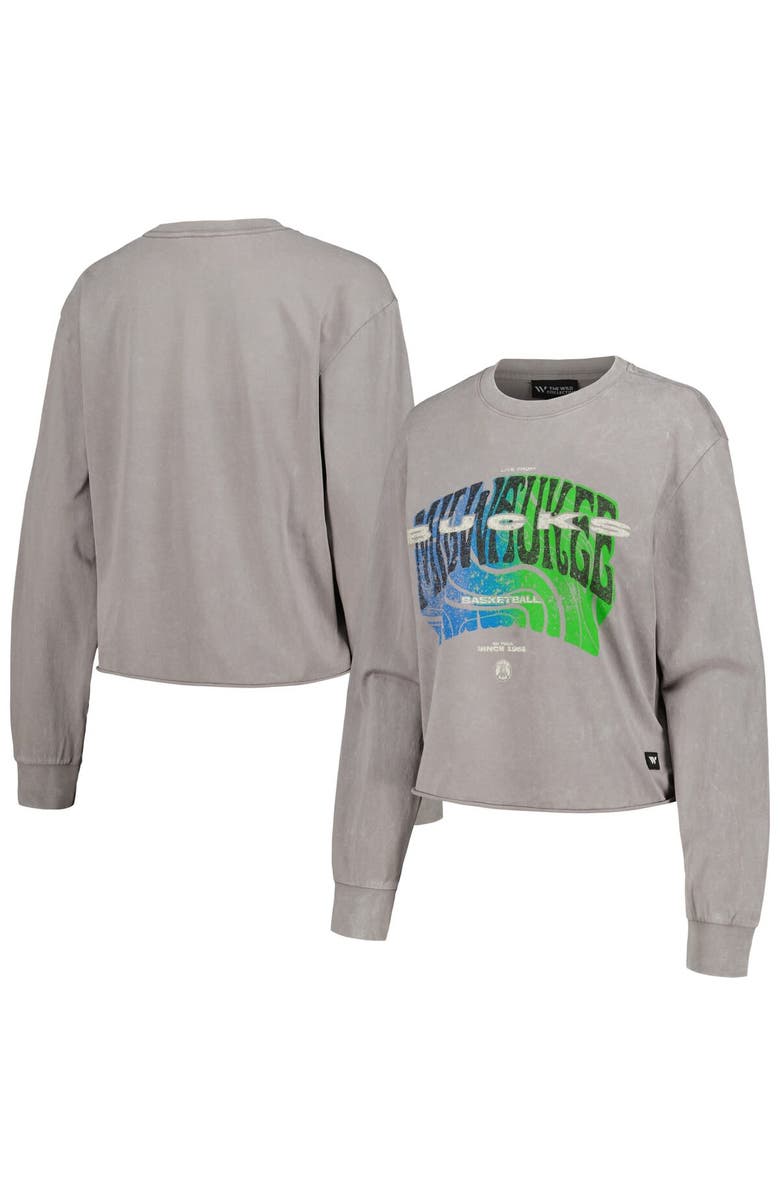 THE WILD COLLECTIVE Women's The Wild Collective  Gray Milwaukee Bucks Band Cropped Long Sleeve T-Shirt, Main, color, Gray