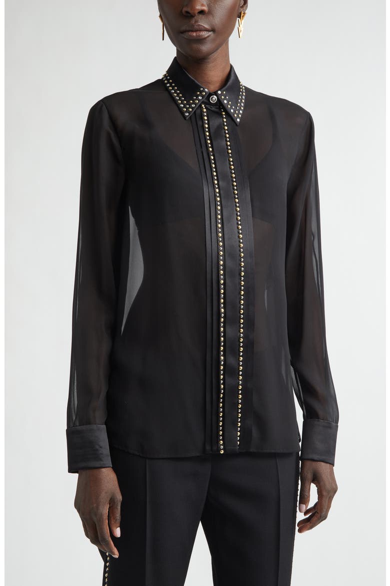 Studded Silk Georgette Button-Up Shirt, Alternate, color, BLACK