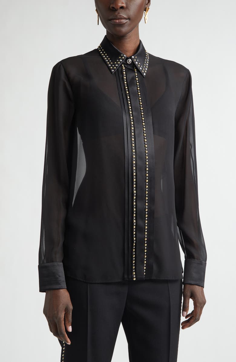 Versace Studded Silk Georgette Button-Up Shirt, Alternate, color, 