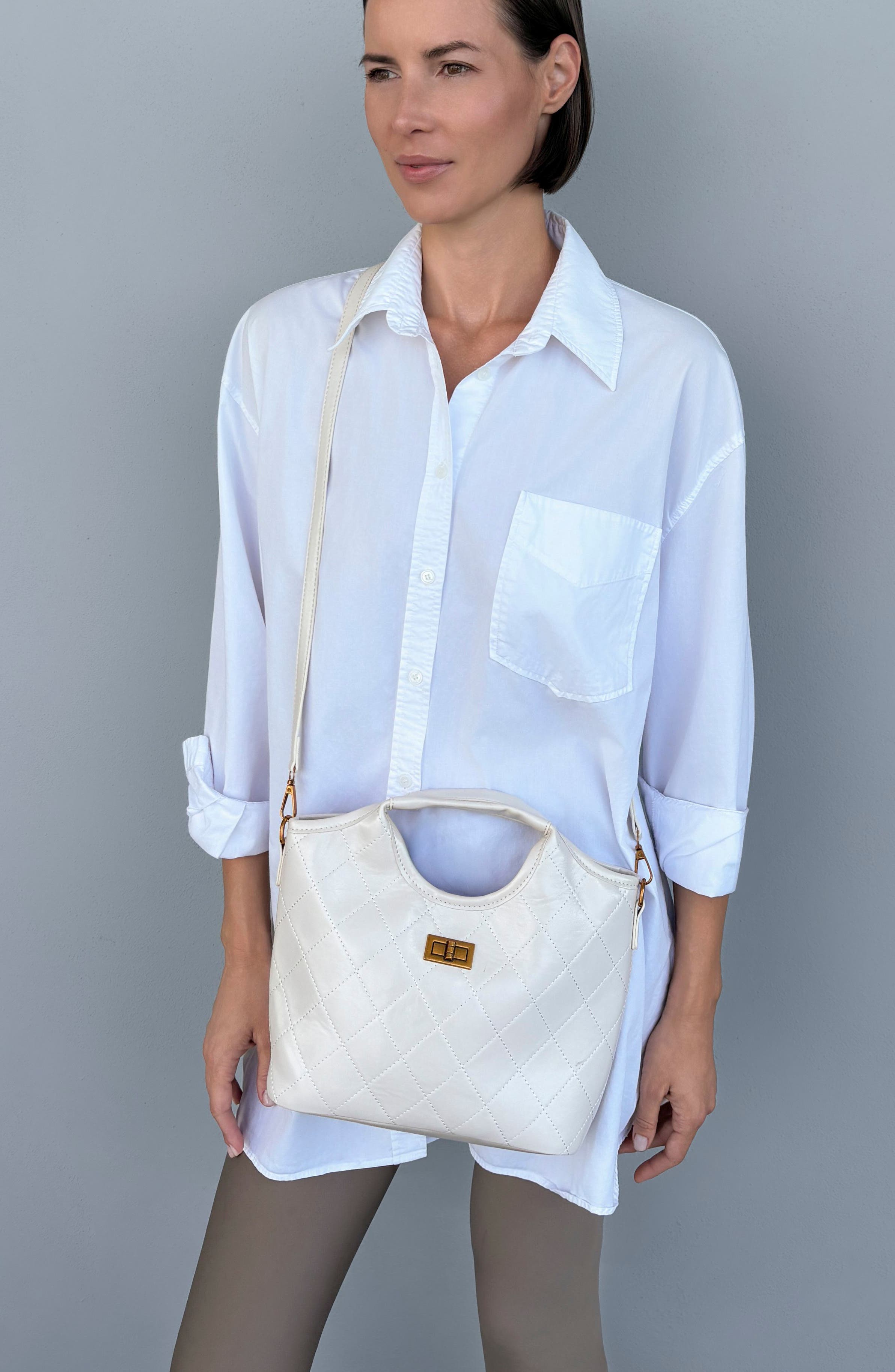 Quilted Faux Leather Handle Bag, Alternate, color, WHITE