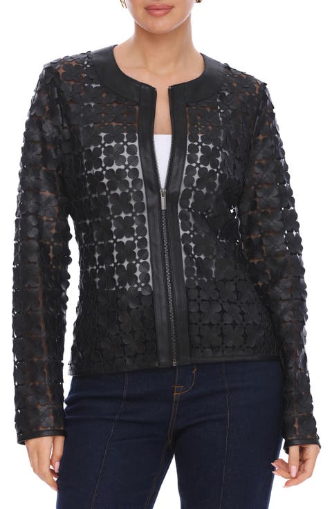 Floral Mesh Lady Like Faux Leather Trim Jacket