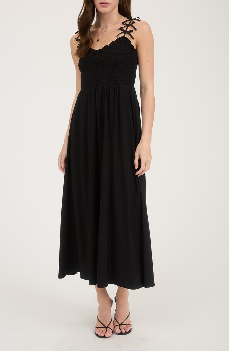 Blu Pepper Bow Strap Smocked Fit & Flare Midi Dress, Main, color, 