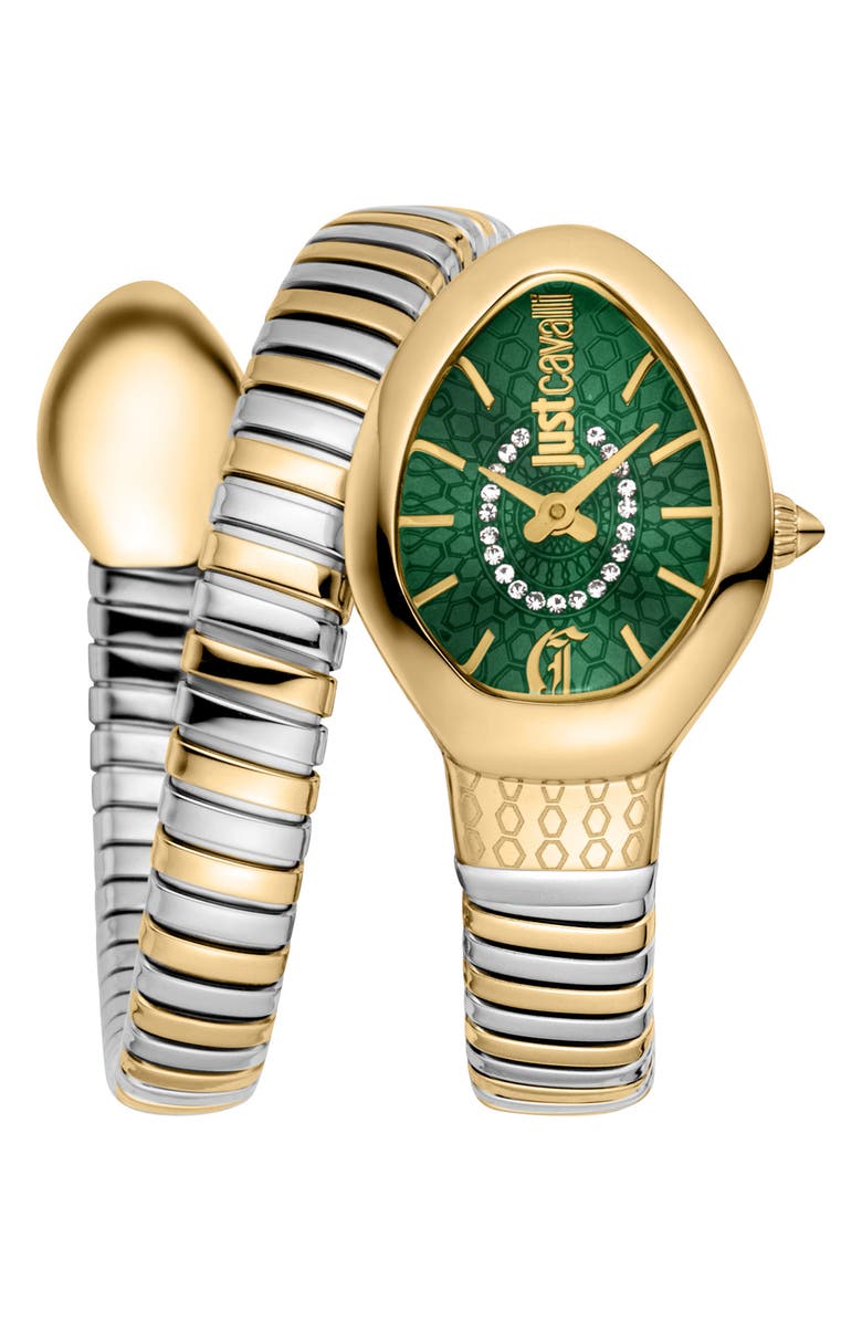 Just Cavalli Snake Wraparound Bracelet Watch, 22mm x 33.5mm, Main, color, Two Tone Silver/ Gold/ Green