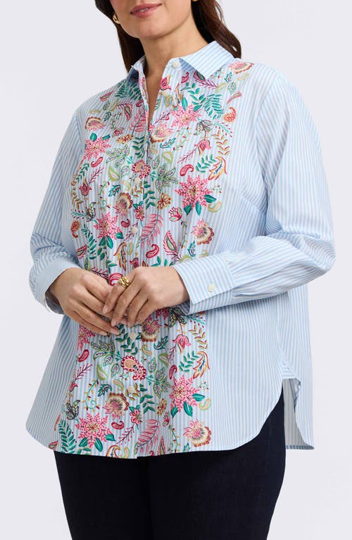 Foxcroft Meghan Stripe Floral Embroidered Cotton Button-up Shirt In Ivory Multi