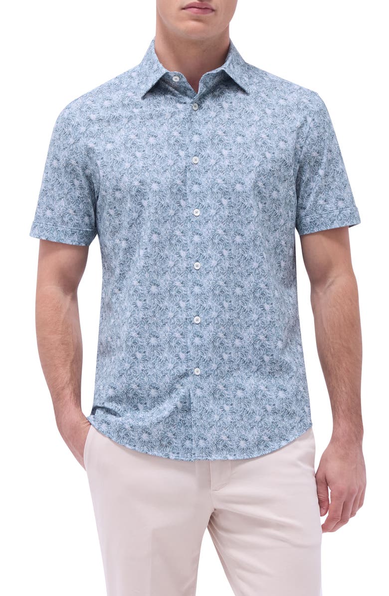 Bugatchi Miles OoohCotton<sup>®</sup> Floral Short Sleeve Button-Up Shirt, Main, color, Shark