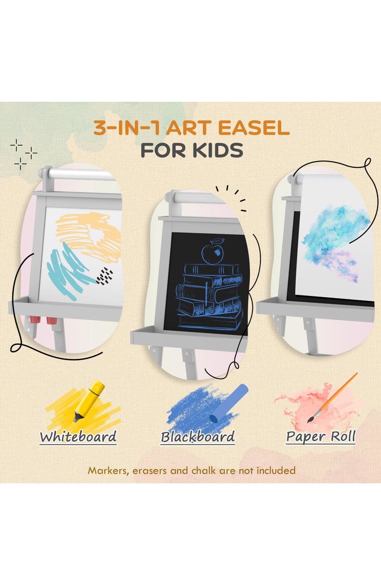 Qaba Kids Double Sided Art Easel with Paper Roll, Magnetic Boards & Storage, Alternate, color, Gray