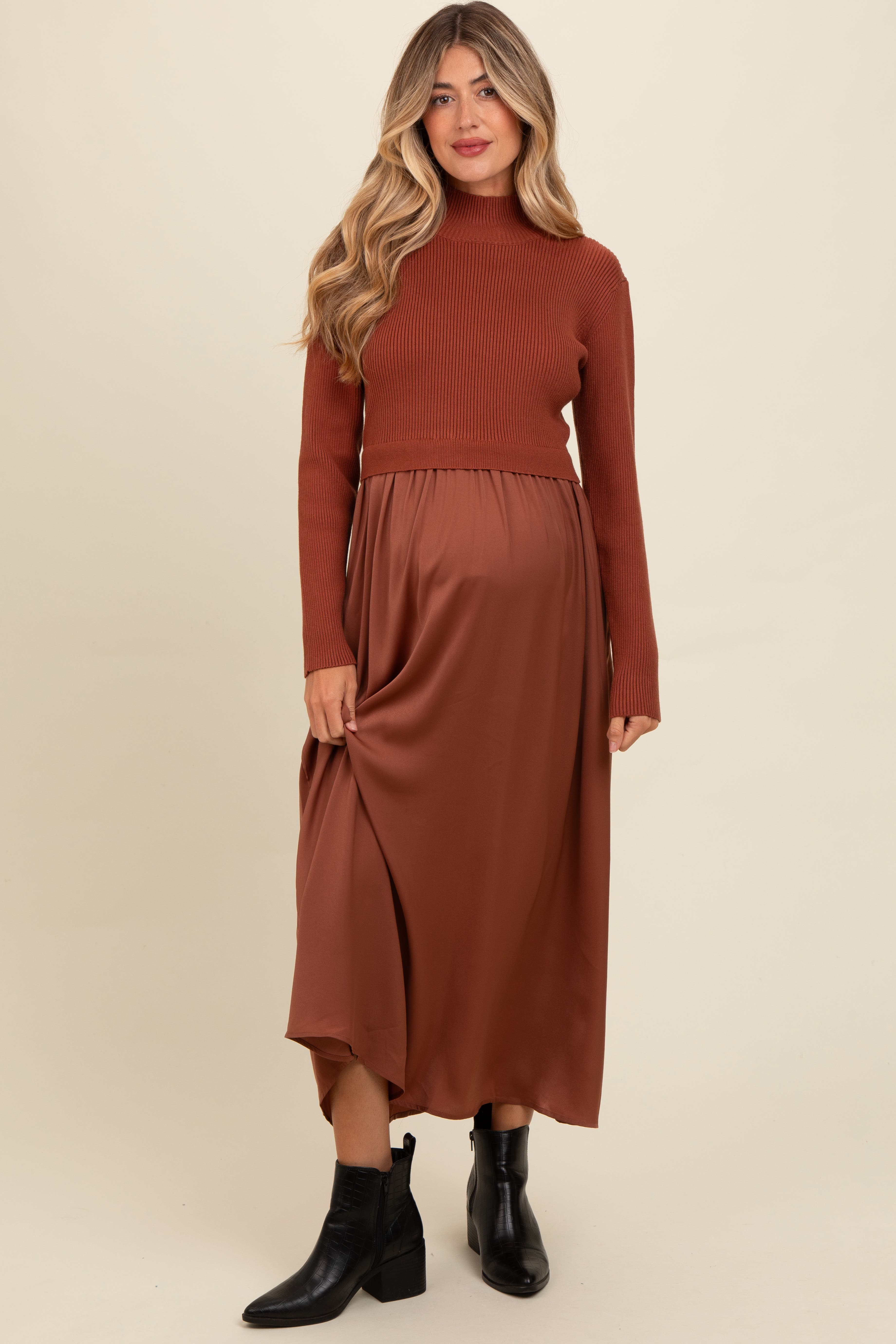 Pinkblush Knit Contrast Top Satin Midi Dress In Brown