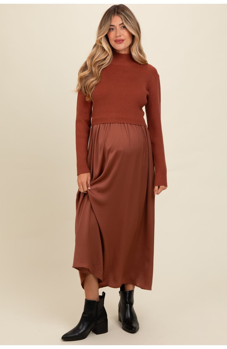 PinkBlush Knit Contrast Top Satin Midi Dress, Main, color, Brown