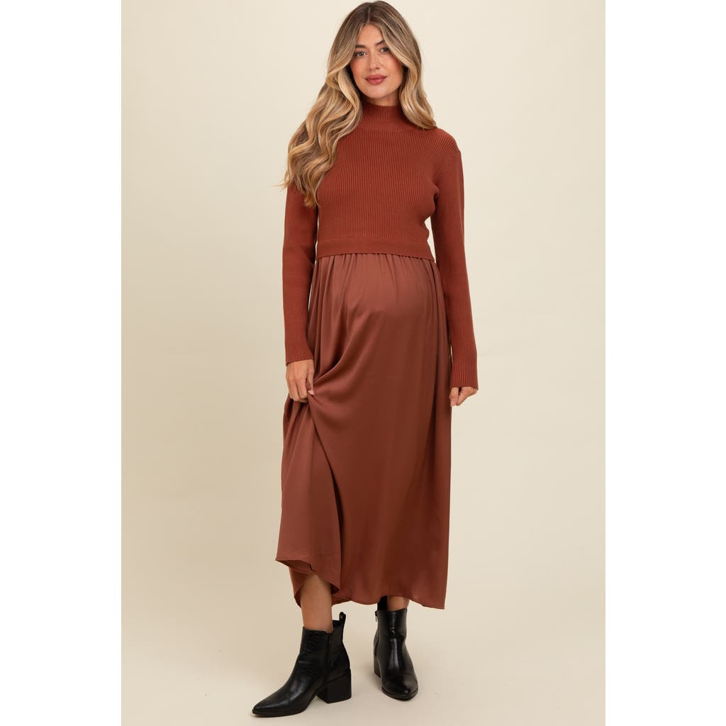 Pinkblush Knit Contrast Top Satin Midi Dress In Brown