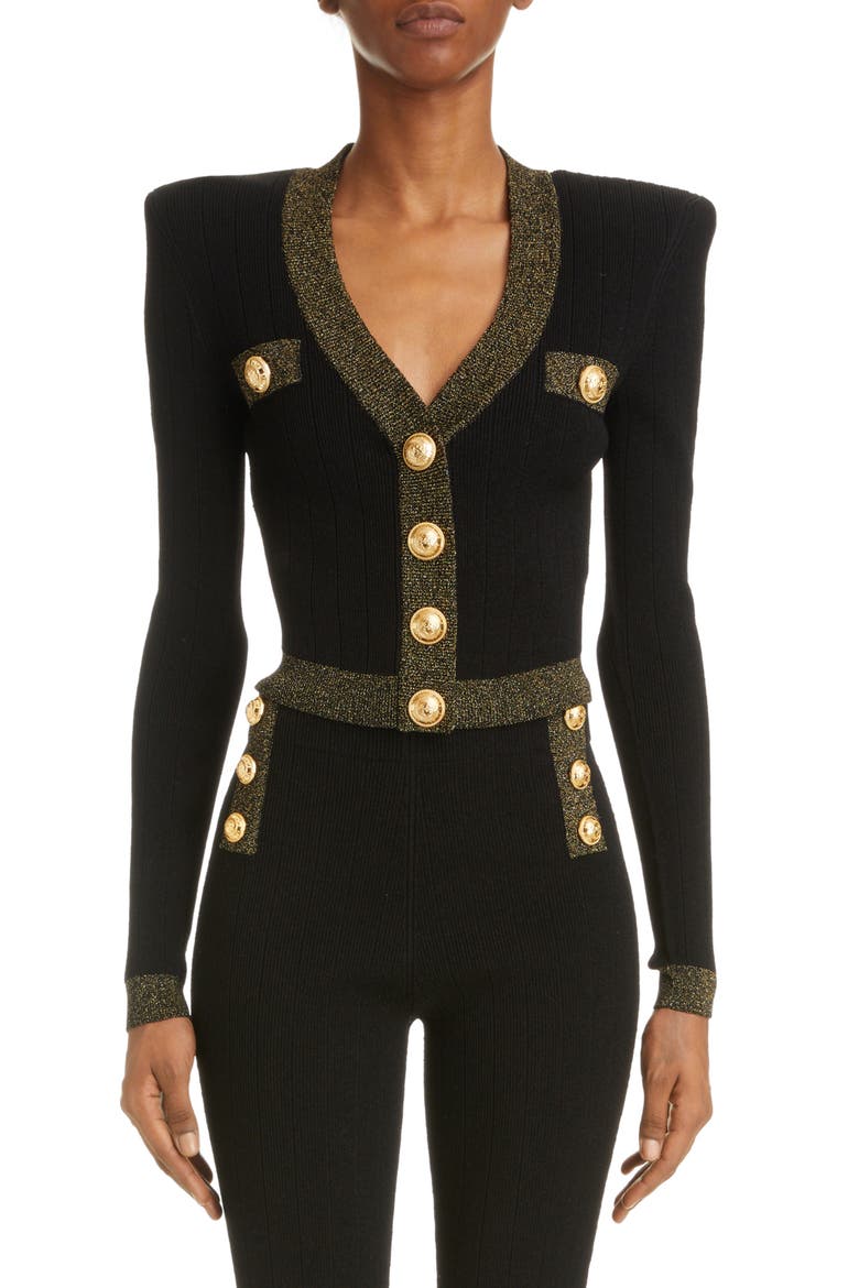 Metallic Trim V-Neck Cardigan, Main, color, BLACK/ GOLD