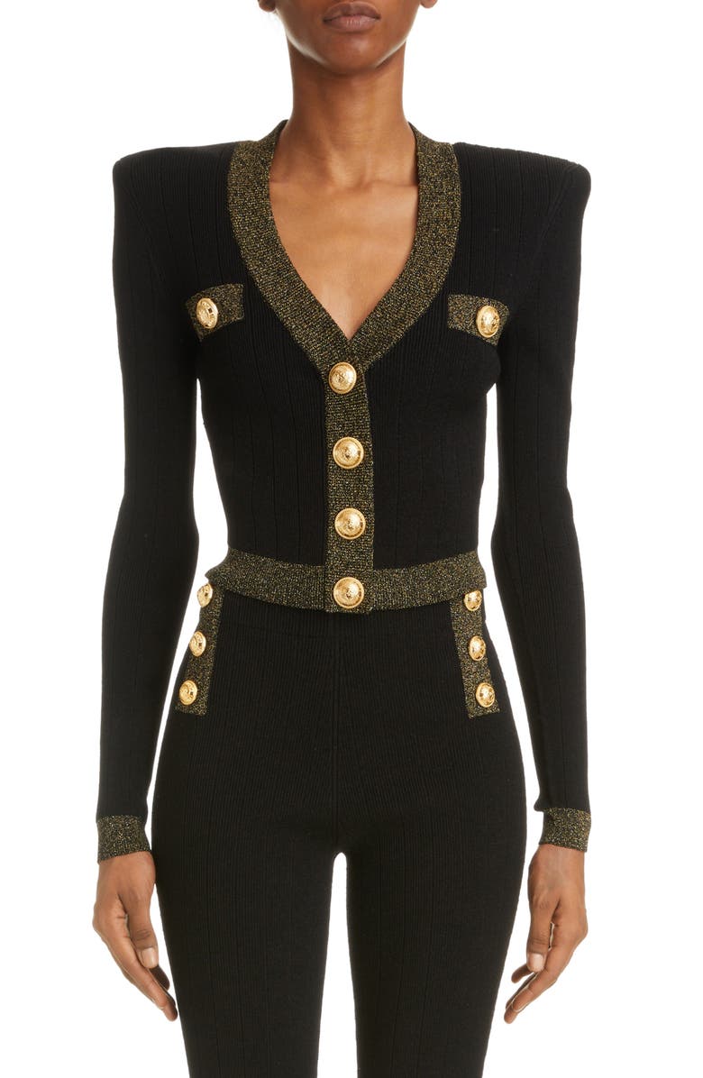 Balmain Metallic Trim V-Neck Cardigan, Main, color,